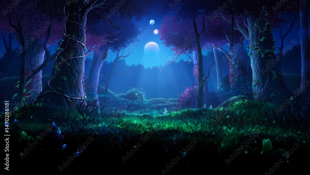 Fototapeta premium Enchanted alien forest on a distant exoplanet — glowing bioluminescent trees, surreal flora, and otherworldly atmosphere