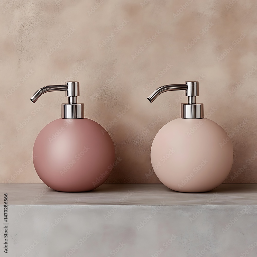 Fototapeta premium Elegant Spherical Soap Dispensers in Pastel Hues, Ideal for Modern Bathroom Aesthetics