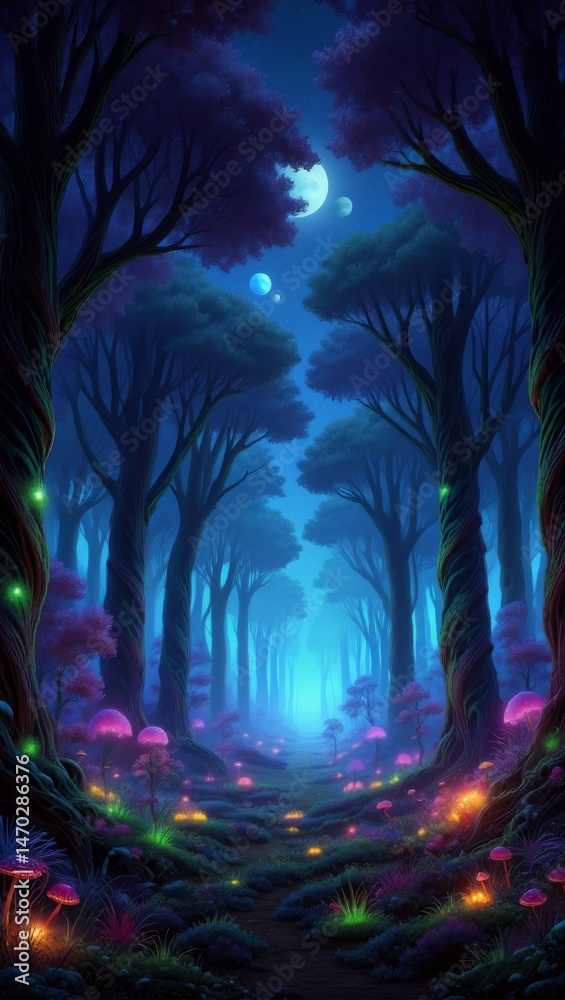 Fototapeta premium Enchanted alien forest on a distant exoplanet — glowing bioluminescent trees, surreal flora, and otherworldly atmosphere