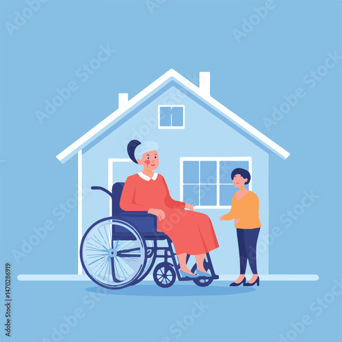 Granddaughter Assisting Senior Woman In Wheelchair Near Home Vector Illustration
