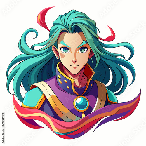 Portrait of a Handsome Anime Style Male Character with Teal Hair and Vibrant Clothing