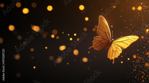 Golden butterfly flying across the sky, leaving a trail of shimmering dust in its wake.