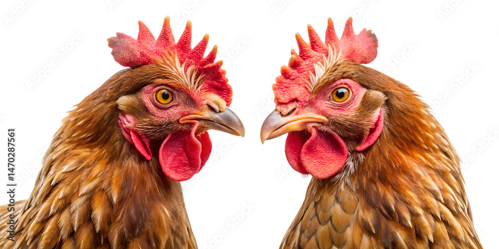 Naklejka premium Two curious brown chickens facing each other on black background, chickens, hen, poultry, livestock, farm animals, bird, agriculture, farming, wildlife, domestic animals, close up, head, crest, wattle