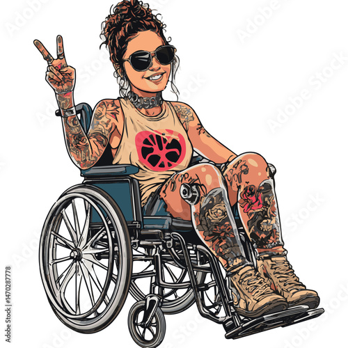Confident Tattooed Woman In Wheelchair Showing Peace Sign Illustration