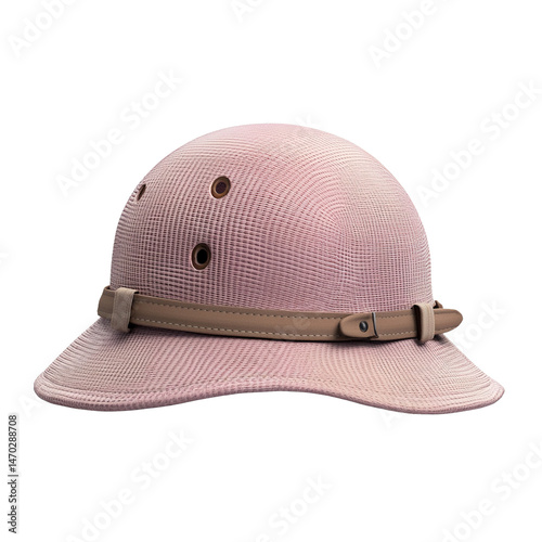 Stylish pink pith helmet against a solid black backdrop creating a retro vibe