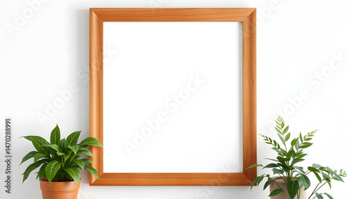 Wooden frame mockup on white wall with copy space for artwork, photo or print presentation, vector style. White tone