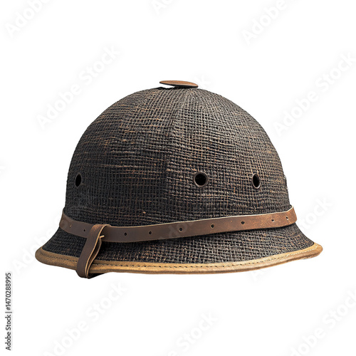 Vintage sun helmet showcasing classic exploration gear against a dark backdrop