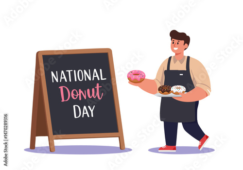 A smiling baker presents donuts on National Donut Day, showcasing a delicious treat with a chalkboard sign. Bright, cheerful, and perfect for food-related marketing.