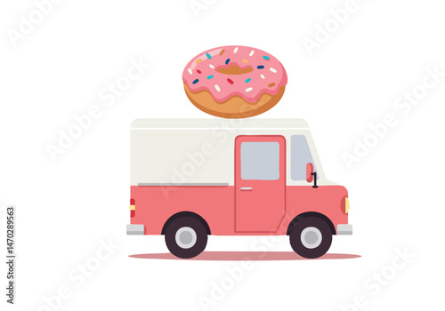 A cheerful donut truck celebrates Donut Day 2025! This vibrant, flat-design illustration features a pink truck loaded with a glazed donut. Perfect for marketing and promotional materials.