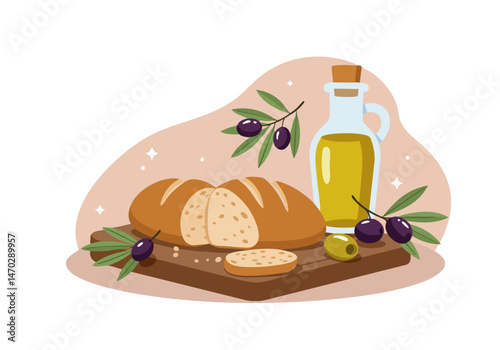A vibrant illustration showcases olive oil, bread, and olives, evoking a Mediterranean lifestyle. Warm colors and a rustic style create a visually appealing and commercially viable image.
