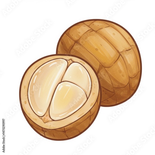 Brown Macadamia Nut Illustration, Halved and Whole