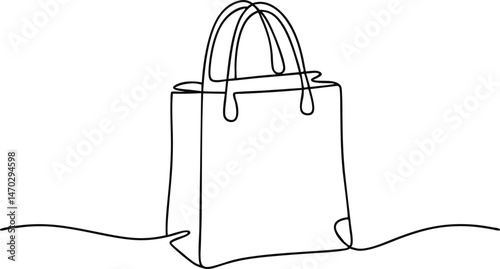 Continuous one line drawing of a shopping bag in minimalist linear style, simple black sketch of paper package on white background

