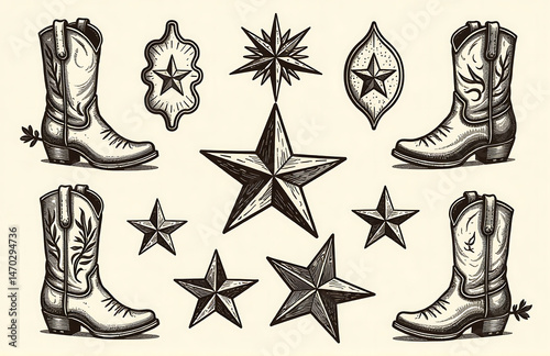 vintage western element hand drawn vector illustrations cowboy boots patches badges emblems bold line art