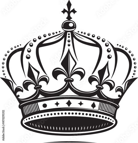 Crown of Royal, King or Queen Black and White Vector Illustration, Sketch Drawing Line Linear Symbol Icon Engraving, Hand-drawn Isolated