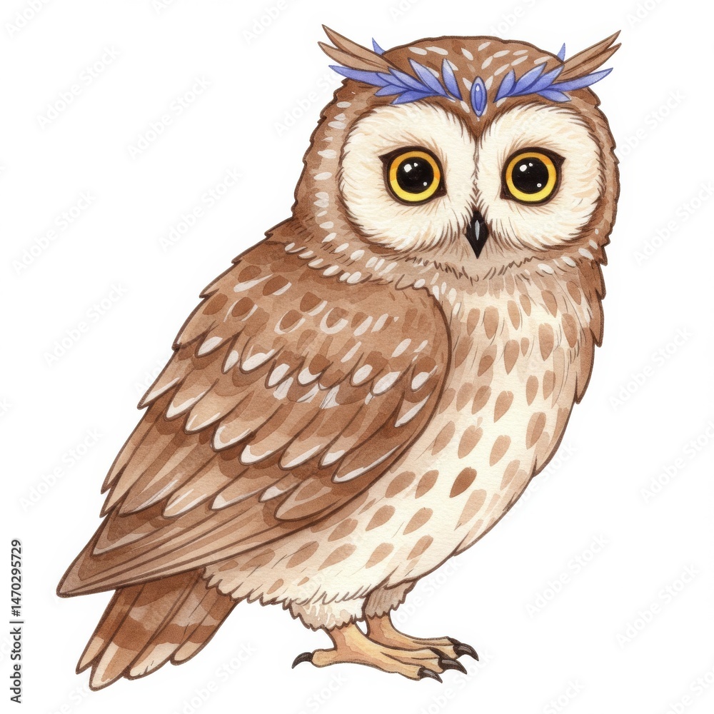 Obraz premium Brown Owl with Blue Floral Crown Watercolor Illustration
