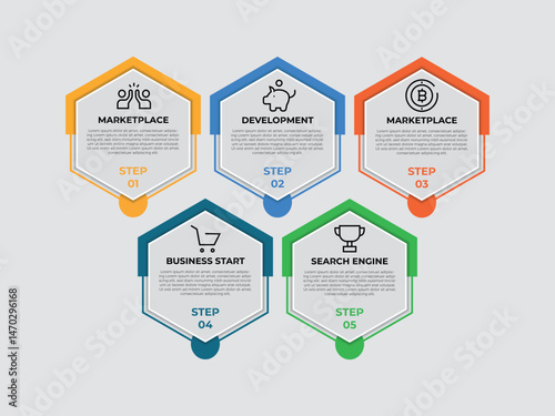 Collection of vector  chart infographic templates for presentations, advertising, layouts, annual reports. 5 options, steps, parts.
