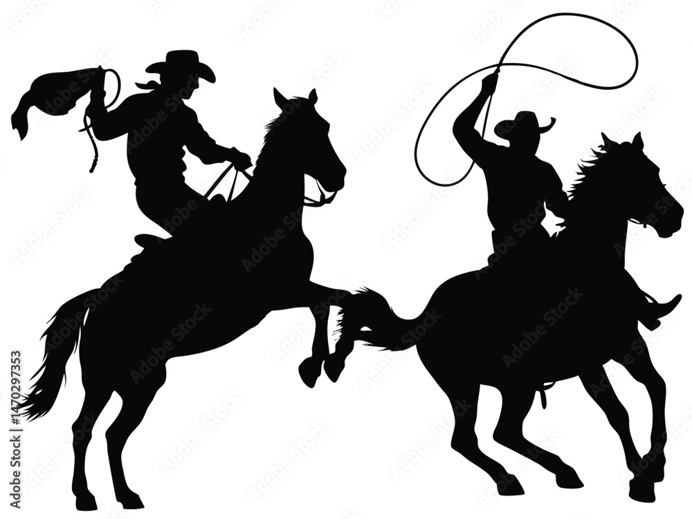 Naklejka premium Cowboy Rodeo Silhouettes on Horseback with Lasso and Roping Action