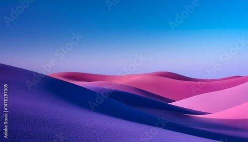 abstract landscape of smooth undulating hills blending from pink to purple to blue under clear sky