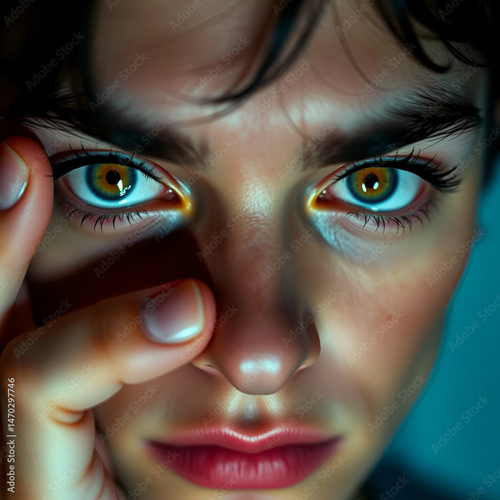 Naklejka premium Gaslight manipulation toxic narcissism and abuse psychology concept. Close-up of intense eyes, showcasing unique colors and sharp features, conveying emotion and depth.