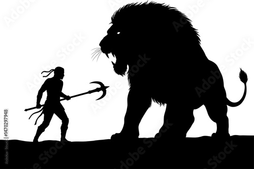 Silhouette of a Brave Warrior Confronting a Mighty Lion A Dramatic Artwork