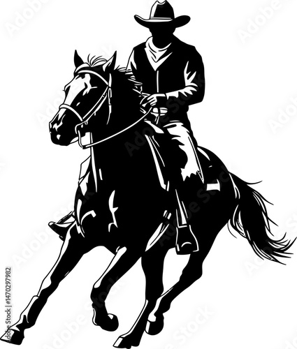Silhouette of a Cowboy Riding a Horse Western Art Illustration