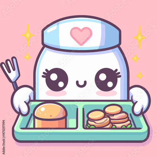 Cute smiling cartoon character serving delicious food on a tray with happy expressions