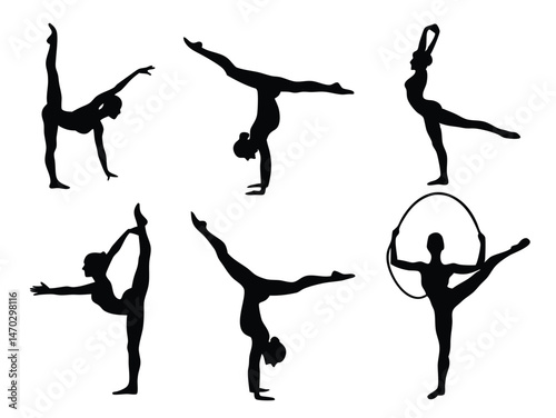 silhouettes of gymnast poses, black silhouette of female gymnast dancers
