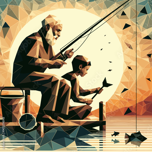 Grandfather and grandson fishing together with a serene sunset background in a polygonal style