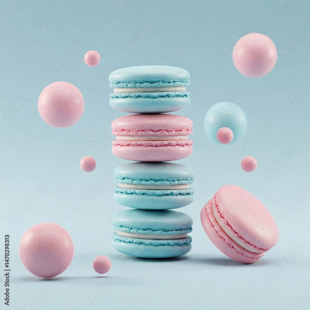 Obraz premium Stacked macarons in pastel hues of blue and pink, are accompanied by floating pastel orbs. The sweets are isolated on a light blue