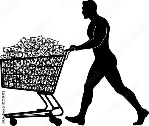Man Pushing Shopping Cart Filled with Money Wealth, Finance, and Consumerism