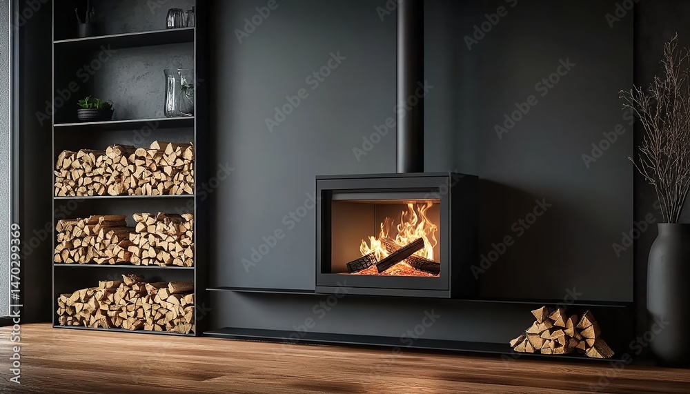 Fototapeta premium Modern room with wall-mounted wood-burning stove, metal firewood rack, log pile, and potted plant by window.