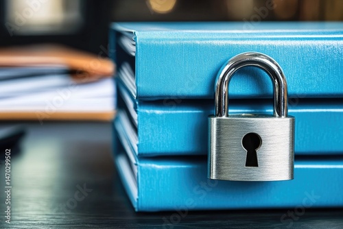 Stack of blue folders secured by a padlock