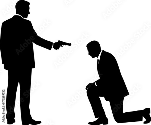 Silhouette of a Businessman Pointing a Gun at Another Kneeling Businessman