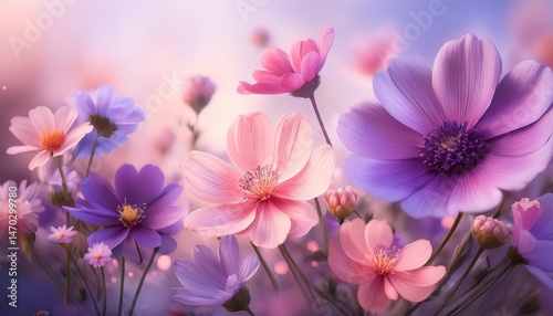 vibrant purple and pink flowers with soft pastel background for artistic designs