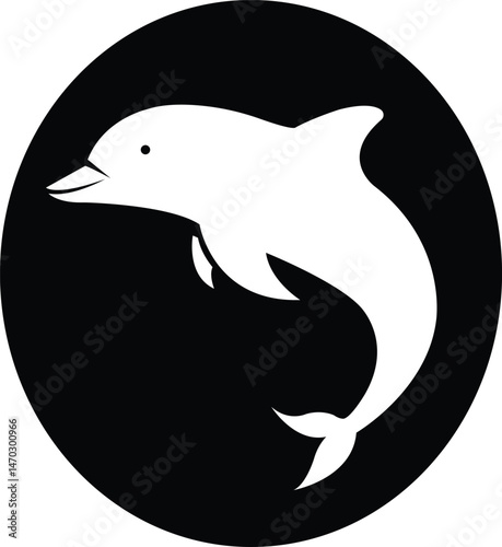 Dolphin Silhouette in a Black Circle: A minimalist and graphic illustration showcases a dolphin leaping gracefully, presented as a clean, striking silhouette within a stark black circle.