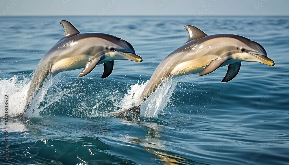 Obraz premium Two dolphins leaping from clear blue ocean near tropical island with palm trees, sandy beach, and cloudy sky.