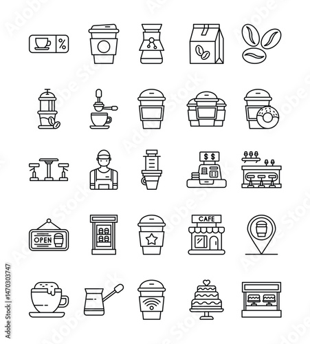 Coffee shop icons black and white outlines