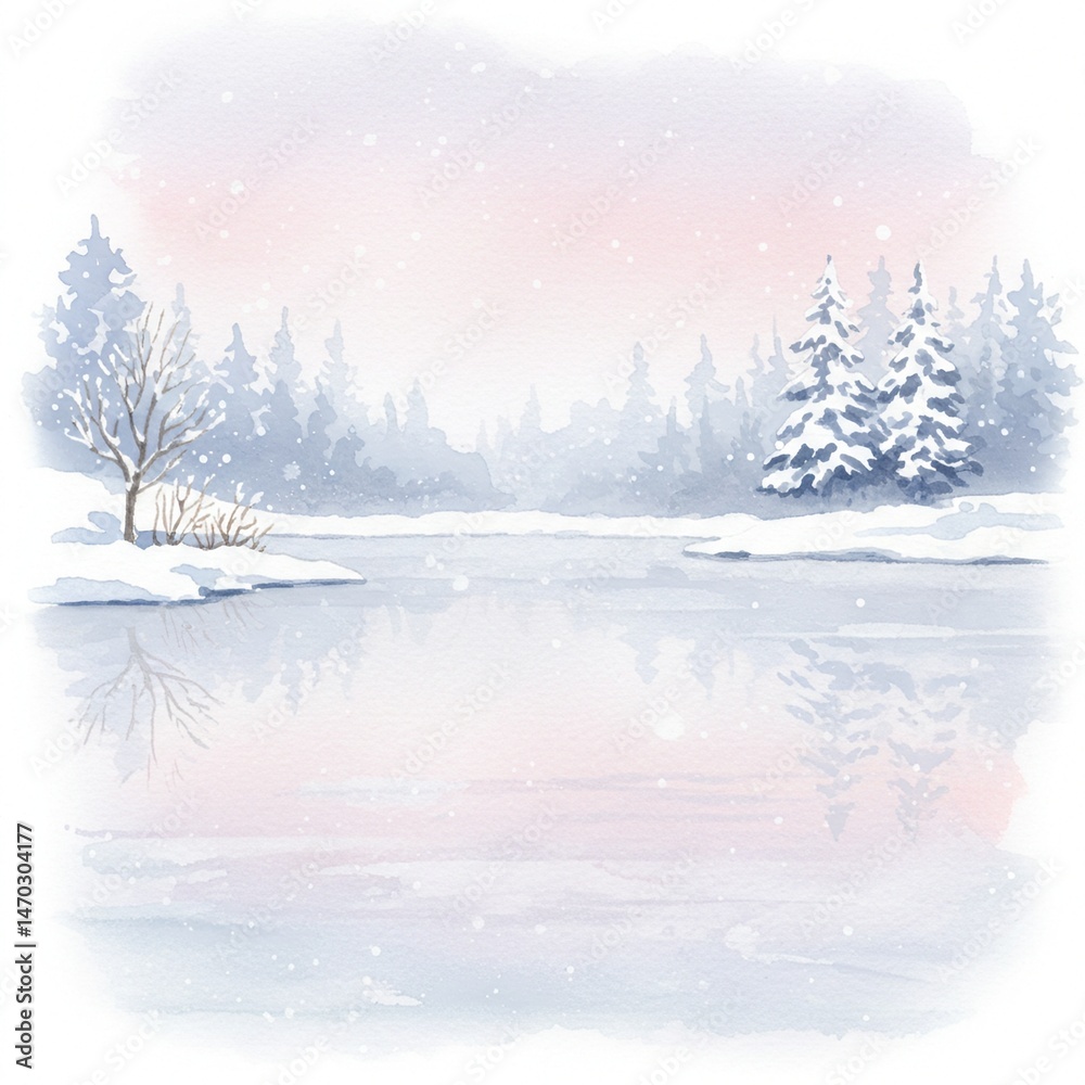Fototapeta premium Serene Winter Lake Landscape with Pastel Sky