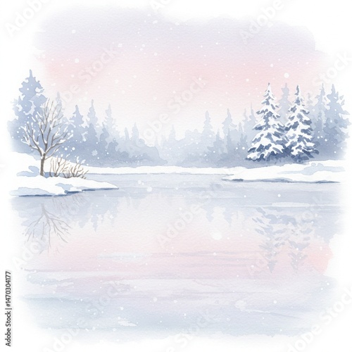Serene Winter Lake Landscape with Pastel Sky