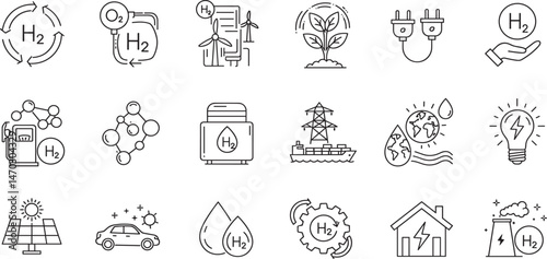 H2 hydrogen electrolysis editable stroke outline icons set isolated on white background flat vector illustration. 