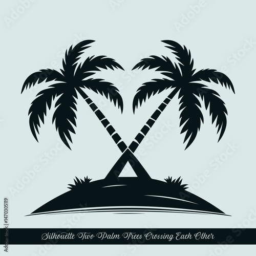 Two palm trees crossing each other, clean silhouette style, on a beach hilltop, minimal island background, isolated white background