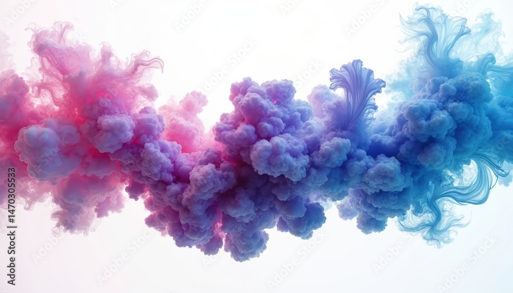Naklejka premium Abstract ink cloud explosion in water. Swirls of purple blue pink colours on white background. Modern art wallpaper, watercolor texture, artistic design. Smoke, fluid, dynamic motion. For