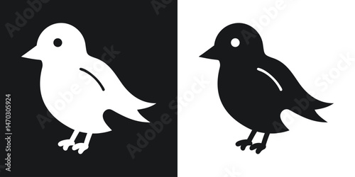 Two simple silhouetted illustrations of a bird in black and white contrasting backgrounds