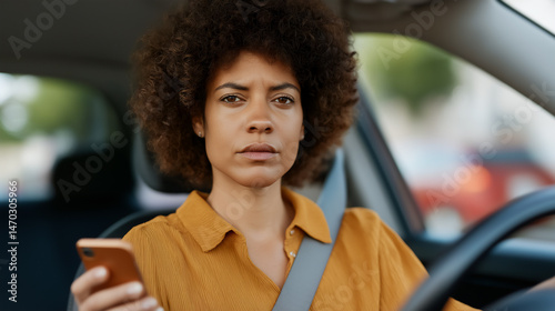 African-American woman sitting in driver's seat of car, holding smartphone with a frustrated expression, while stuck in traffic