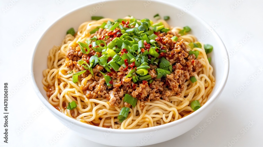 Flat lay of Dan Dan noodle topped spicy minced pork chili oil chopped scallion served clean white ceramic bowl over white background classic street food Sichuan province China cut out isolated Flat lay of Dan Dan noodle topped spicy minced pork chili oil chopped scallion served clean white ceramic bowl over white background classic street food Sichuan province China cut out isolated