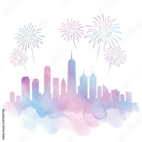 Pastel City Skyline with Fireworks at Night