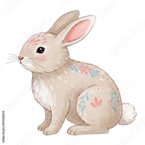 Adorable Tan Bunny with Floral Watercolor Design