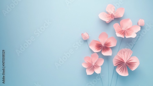 Pink paper flowers on soft blue background