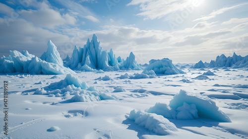 Frozen landscape with jagged blue ice formations in a snowy arctic environment beneath a bright, partly cloudy sky.