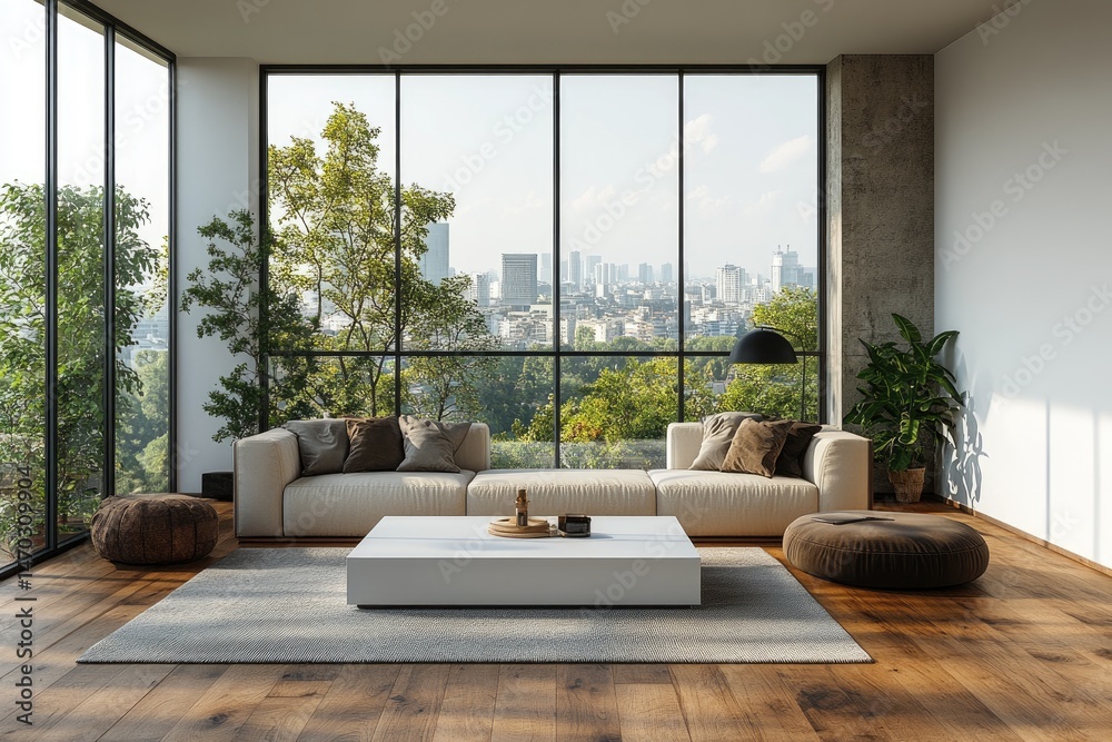 Fototapeta premium Modern living room with city views and lush greenery.